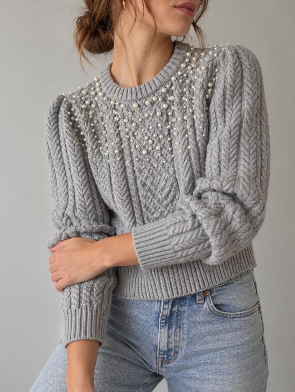 J. Crew Gray Pearl Embellished Cable Knit Sweater Womens Size Large